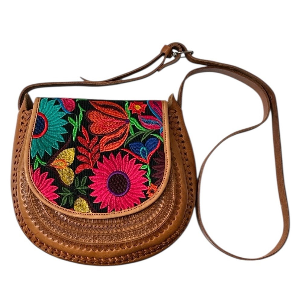 Floral Embroidered Hand Tooled Leather Saddle Bag Boho Crossbody Purse Handbag